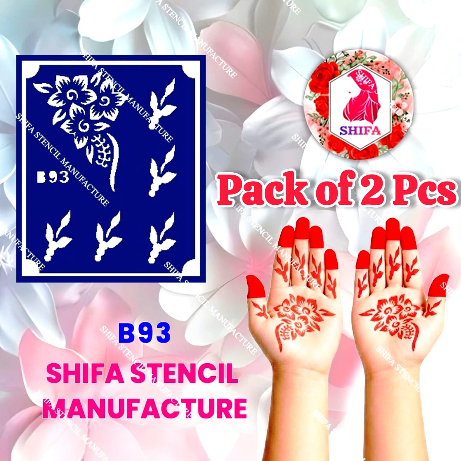 B93 (age 5 to 10) Scarlet Bloom Grace Double Hand Henna Stencil - Shifa Stencil